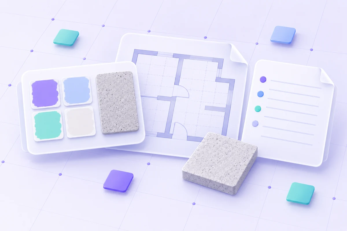 Project material planning represented by a worksheet and material samples.