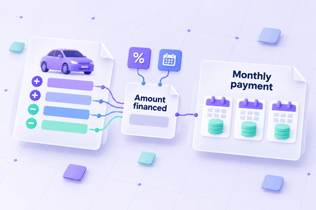 Conceptual vehicle financing diagram leading from price adjustments to monthly payments.