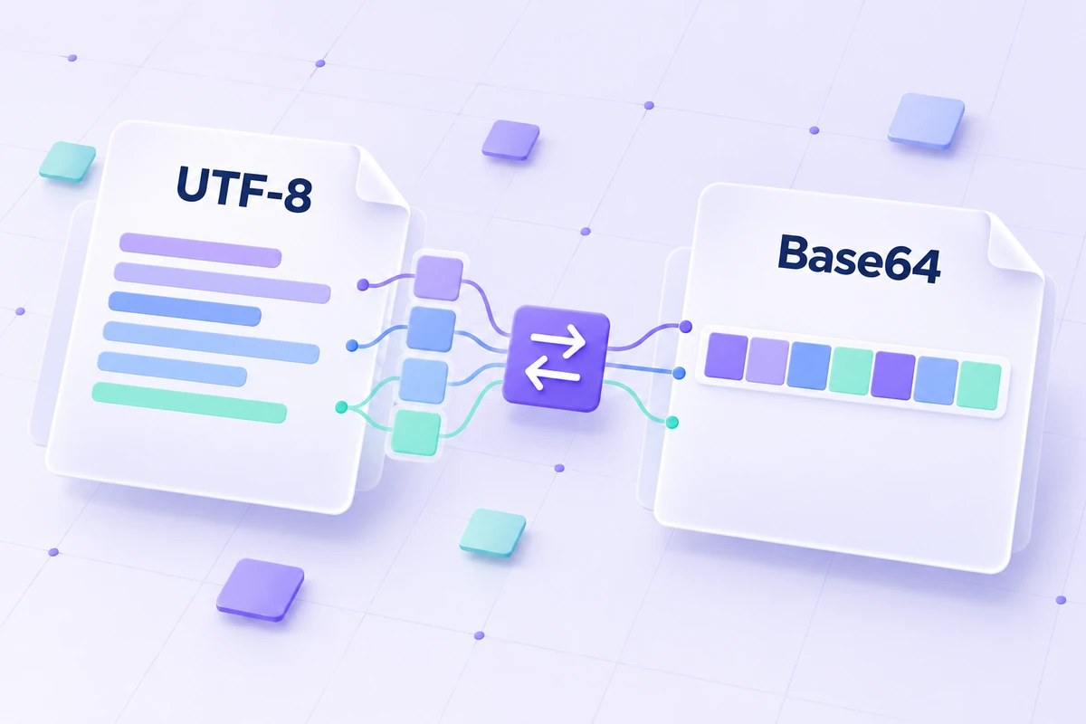 Text and its Base64 representation connected by encoding and decoding paths.