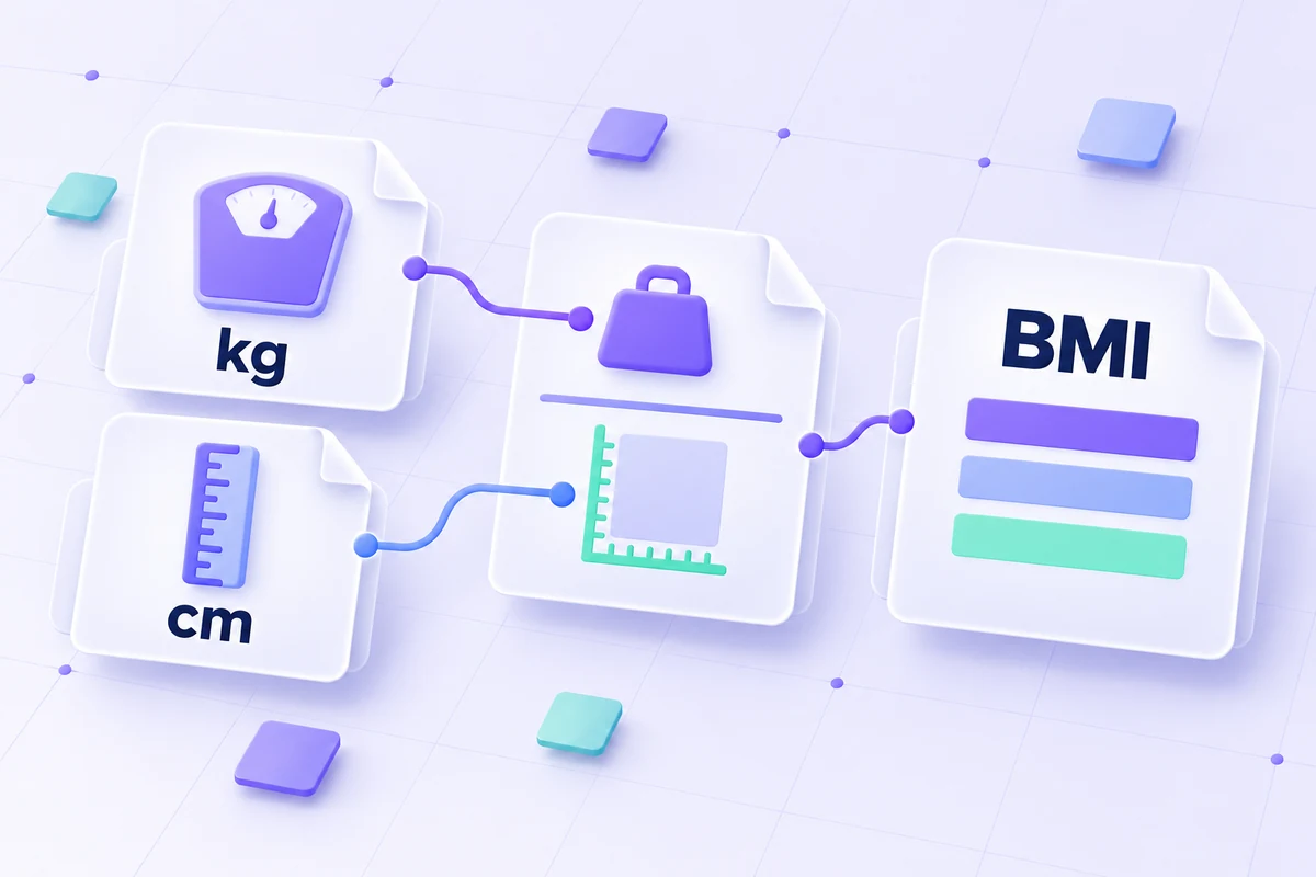 Conceptual illustration of weight and height measurements feeding an adult BMI calculation.