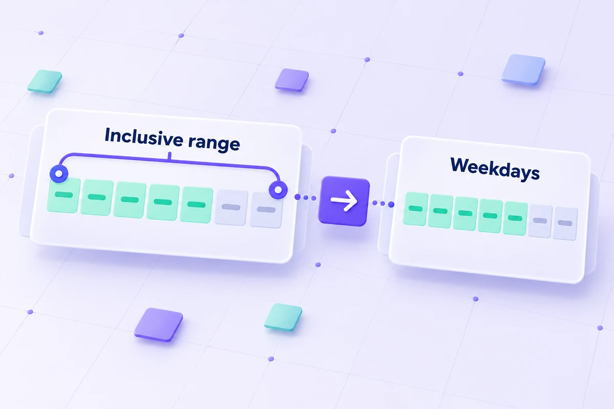Conceptual inclusive calendar range counting weekdays while excluding weekend tiles.