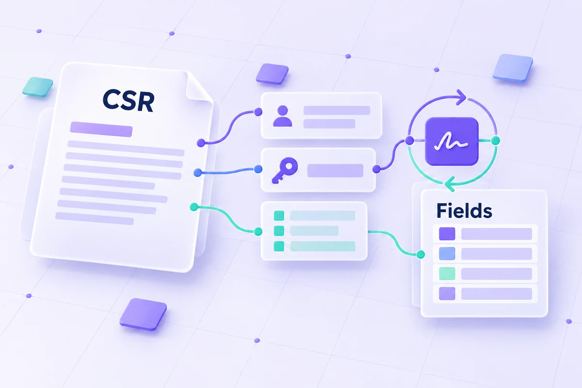 A certificate request connected to subject, public-key, and extension field groups.