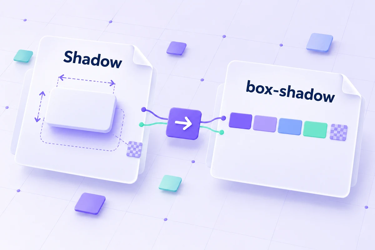 Conceptual panel showing shadow offset, softness, spread, and opacity beside a CSS output card.