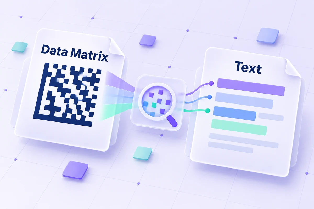 A Data Matrix symbol connected to a decoded text payload.