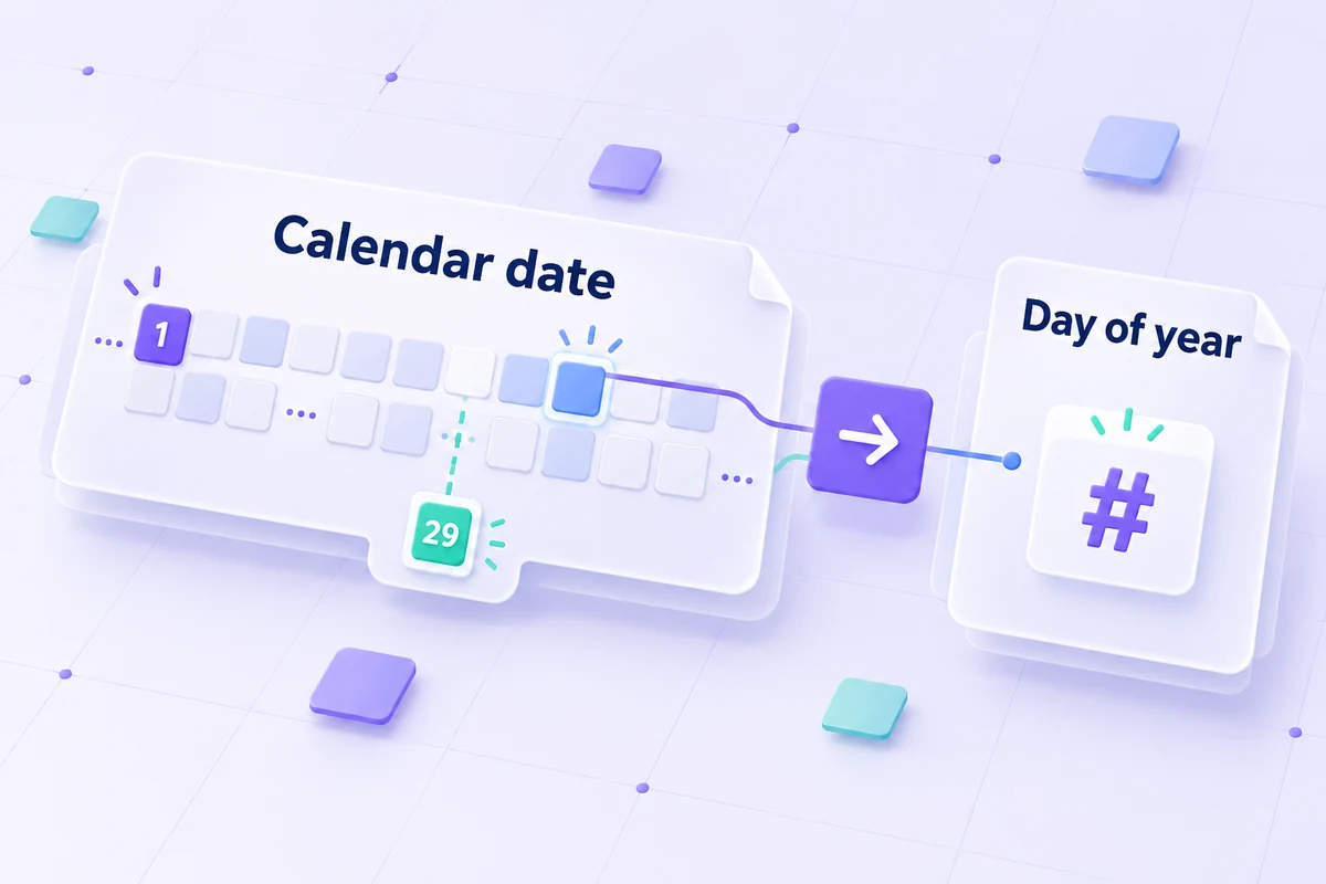 Conceptual calendar year with a selected date mapped to its ordinal day.