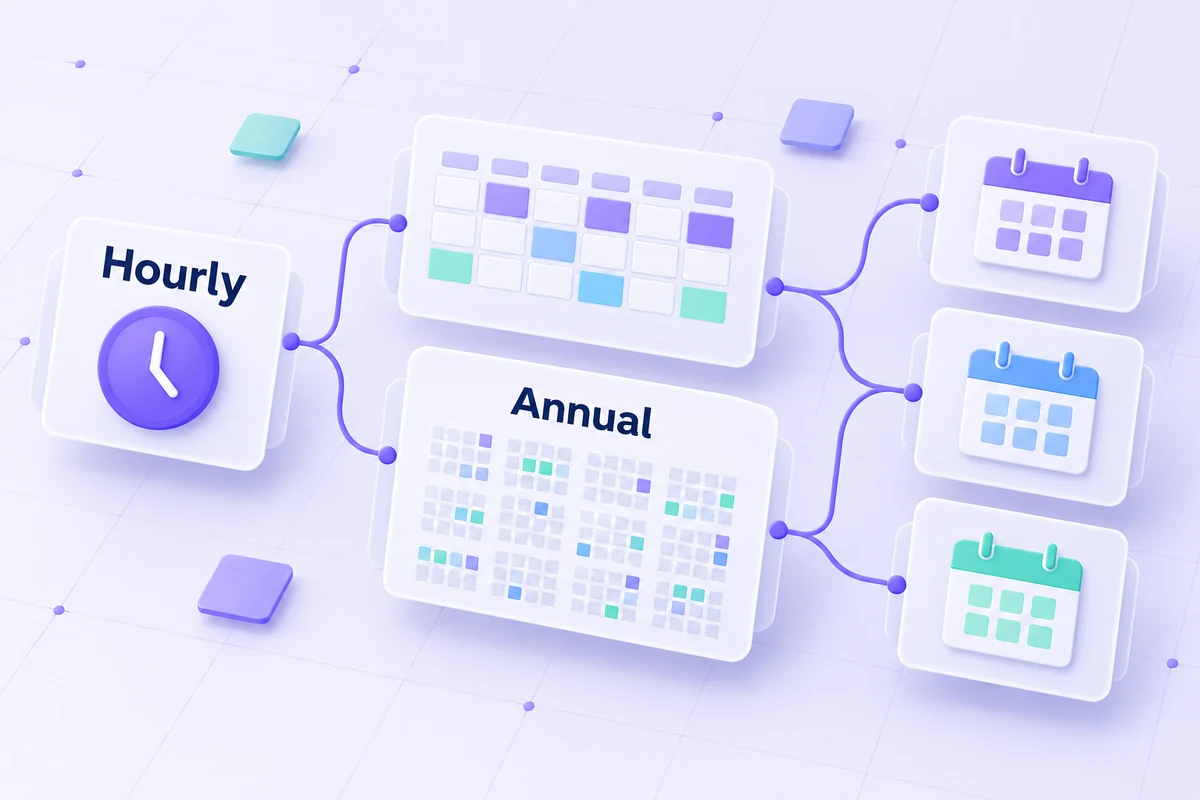 Conceptual diagram linking an hourly rate and paid schedule to annual pay.