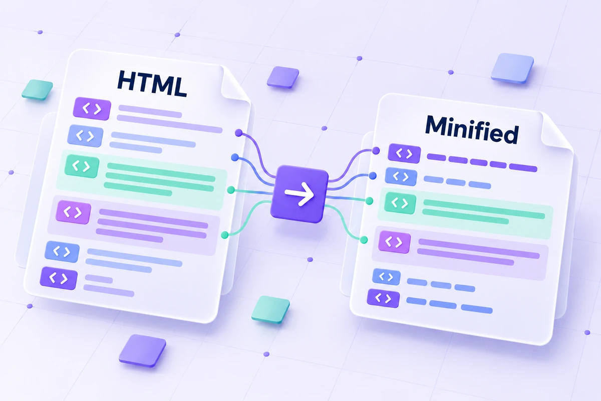 Spaced HTML markup connected to a more compact text representation.