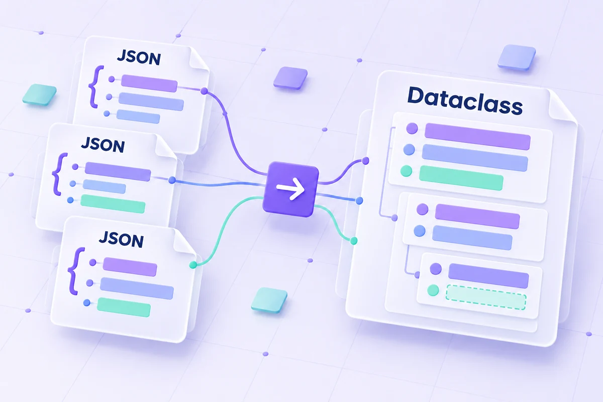 Sample JSON objects connected to nested Python dataclass structures.