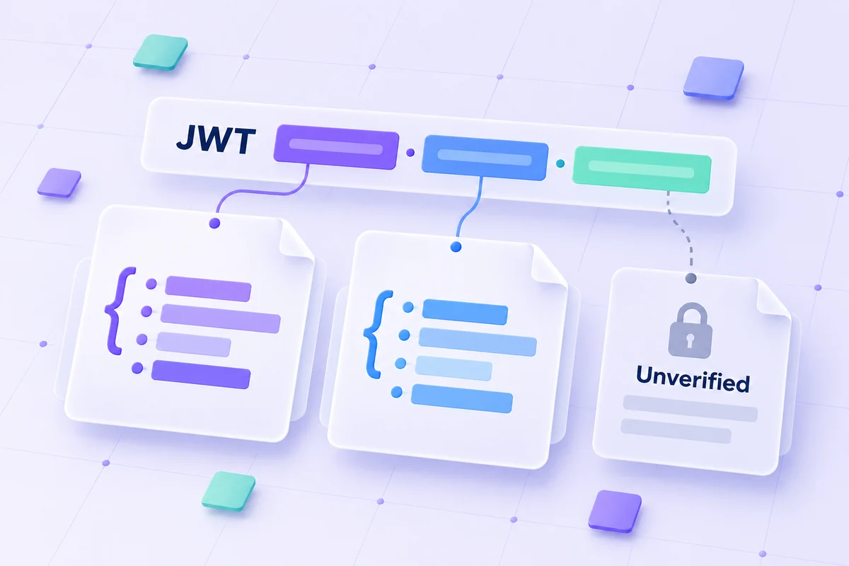 A compact JWT connected to separate header and payload document panels.