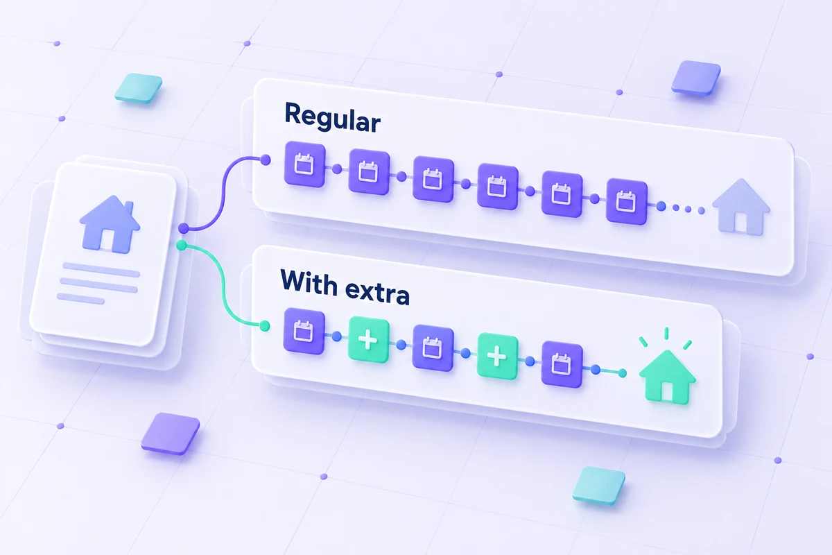 Conceptual comparison of loan balance timelines with regular and extra monthly payments.