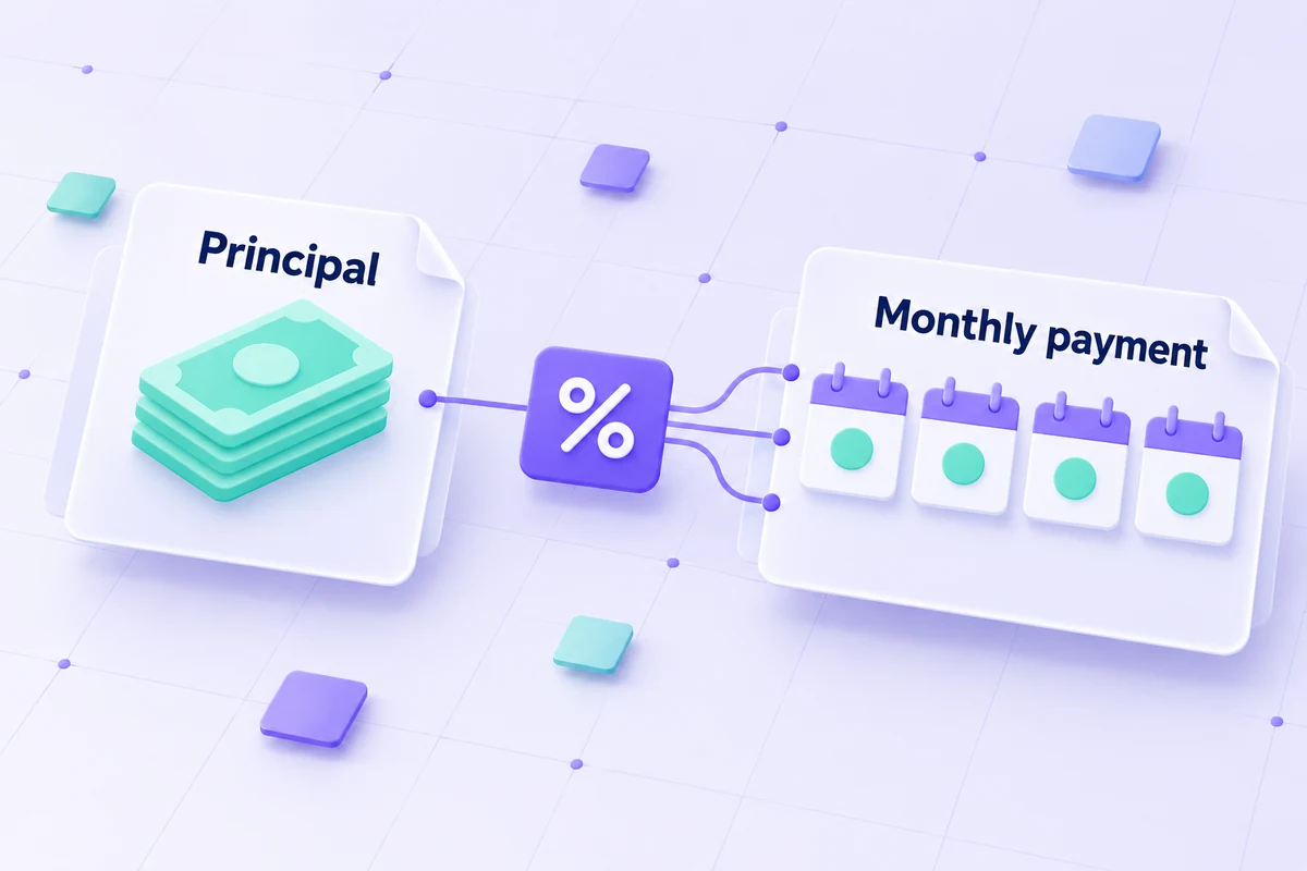 Conceptual illustration of a loan amount divided into equal modelled monthly payments.