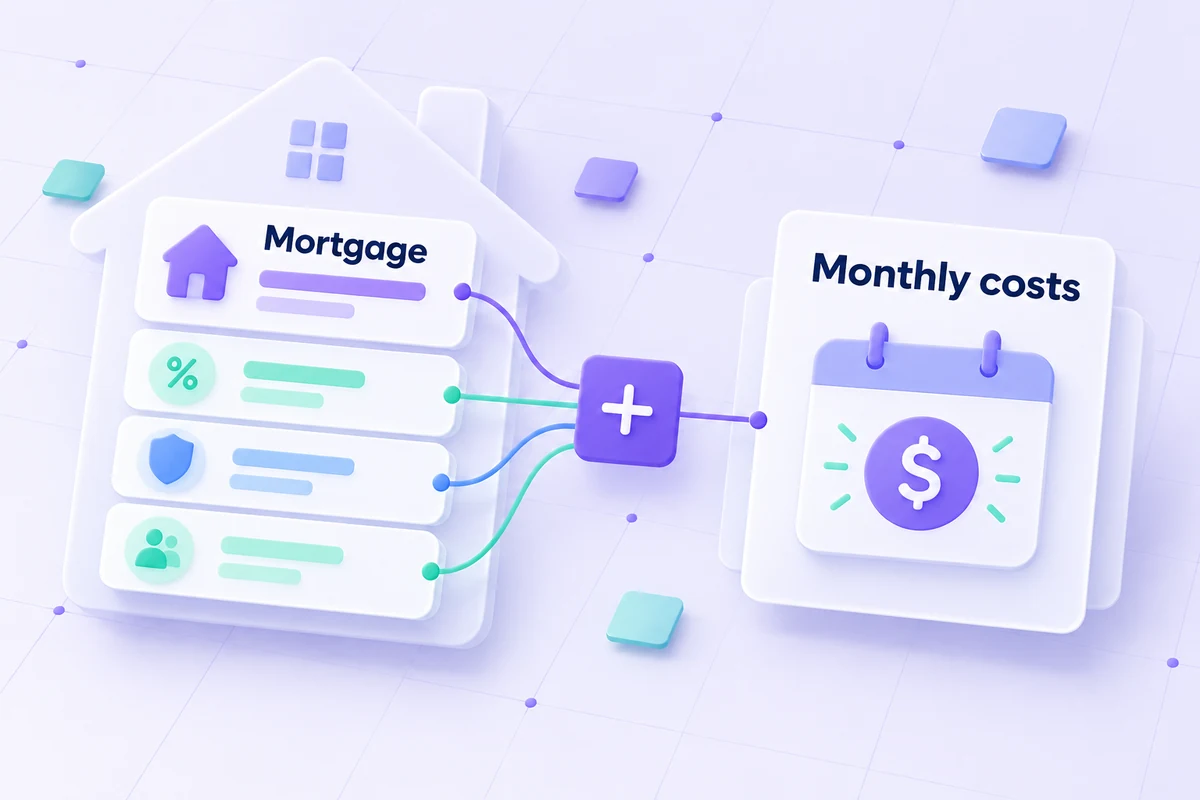 Conceptual monthly housing-cost stack combining mortgage, tax, insurance, and HOA components.