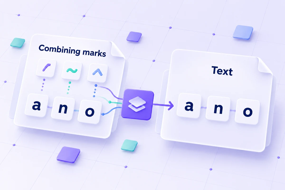 Conceptual accent marks separating from decomposed letter sequences while letters keep their order.