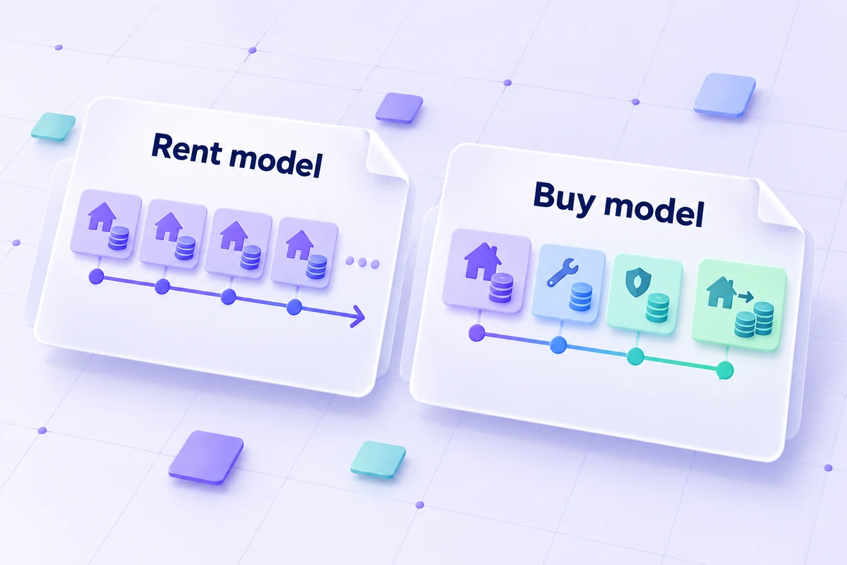 Conceptual side-by-side cash-cost timelines for renting and buying with ending sale proceeds.