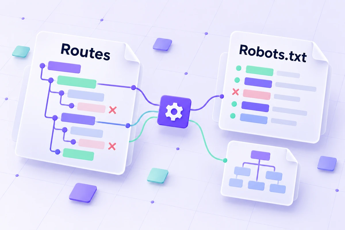 Site route entries connected to a draft robots.txt directive sheet.