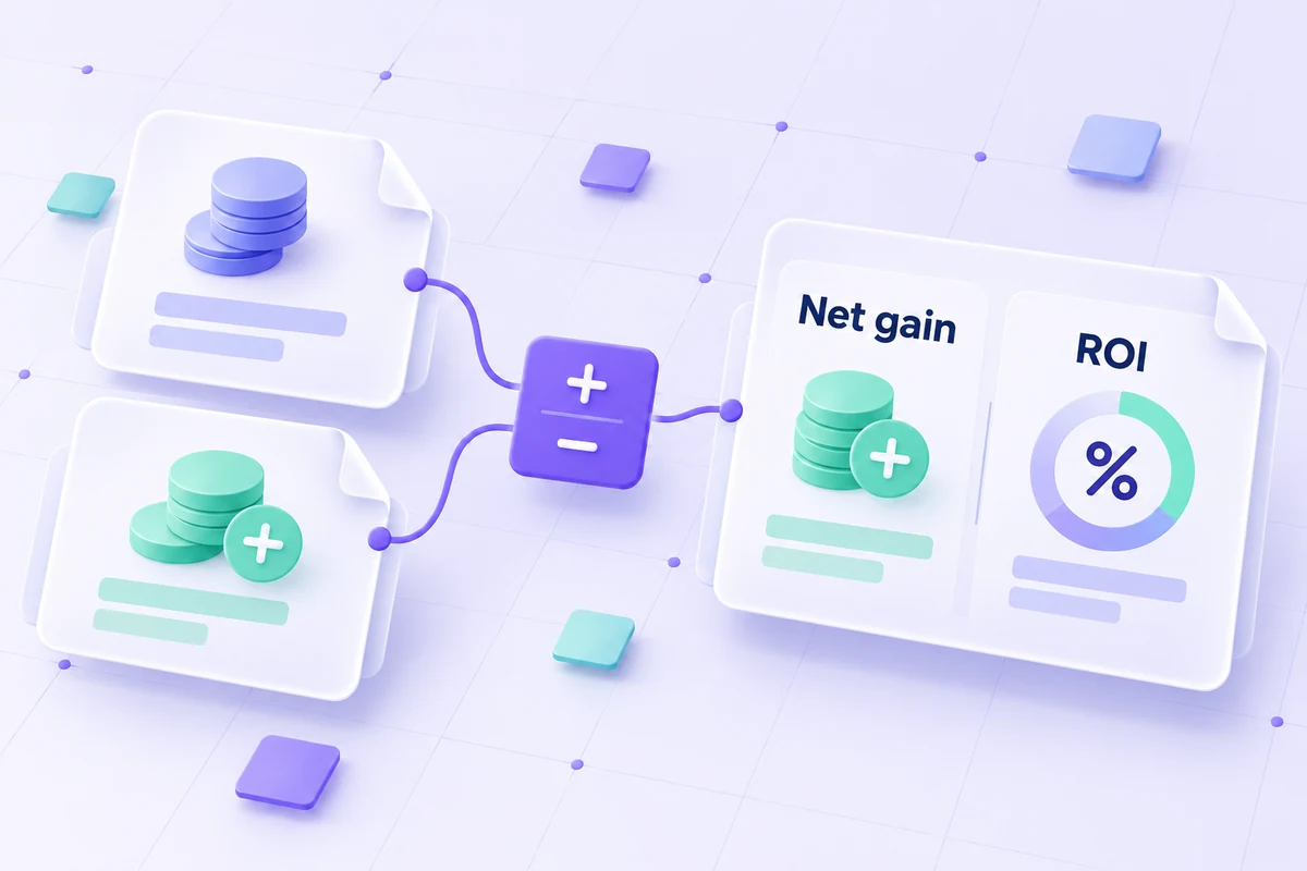Conceptual ROI diagram comparing proceeds and costs before expressing net gain as a percentage.