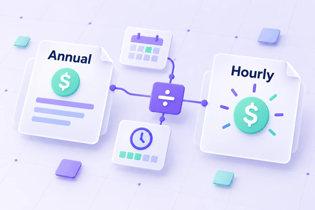 Conceptual illustration of annual salary divided by paid hours to produce an hourly equivalent.