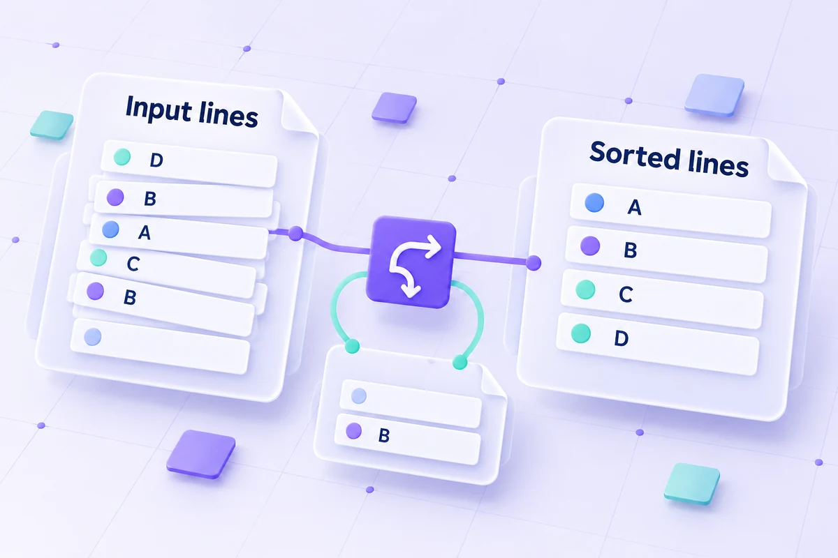 Conceptual illustration of text lines arranged into order with optional duplicate removal.