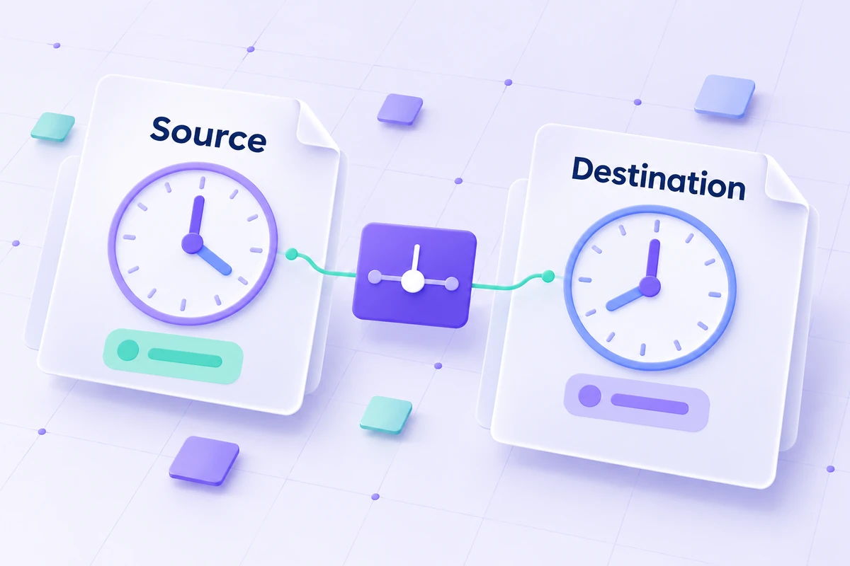 One instant connected to clocks and dates in two time zones.
