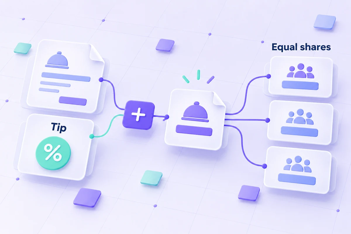 Conceptual illustration of a tip added to a bill and divided into equal shares.