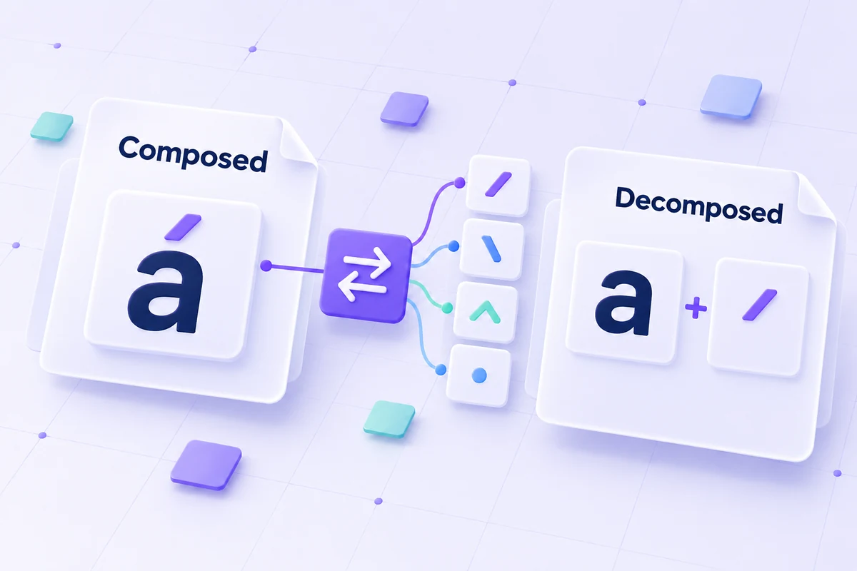 Conceptual Unicode representations showing a composed glyph and separate base-and-mark sequence.