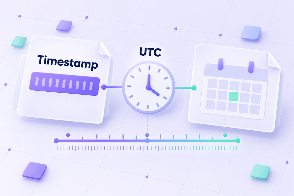 A timestamp connected to a UTC clock and calendar on a shared timeline.
