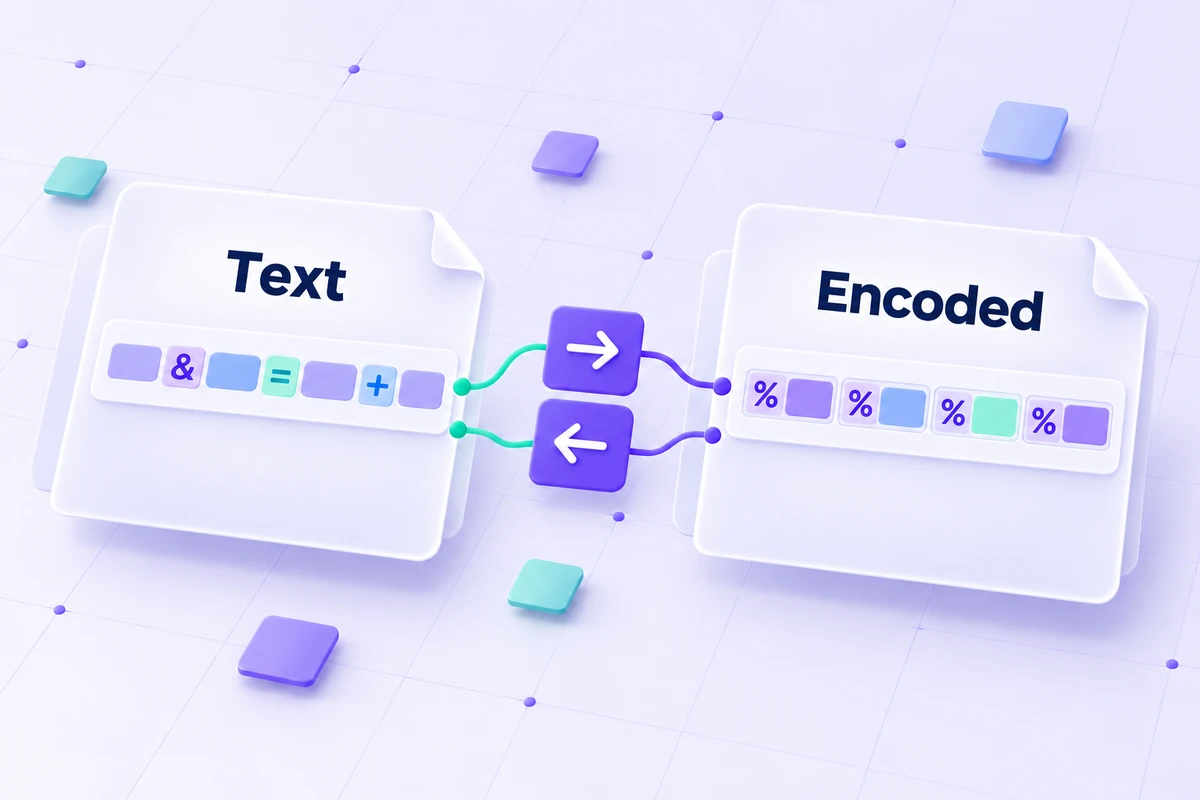 A text parameter value connected to percent-marked encoded groups in both conversion directions.