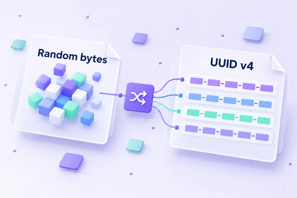 Conceptual illustration of random bytes formatted into version 4 UUID identifiers.