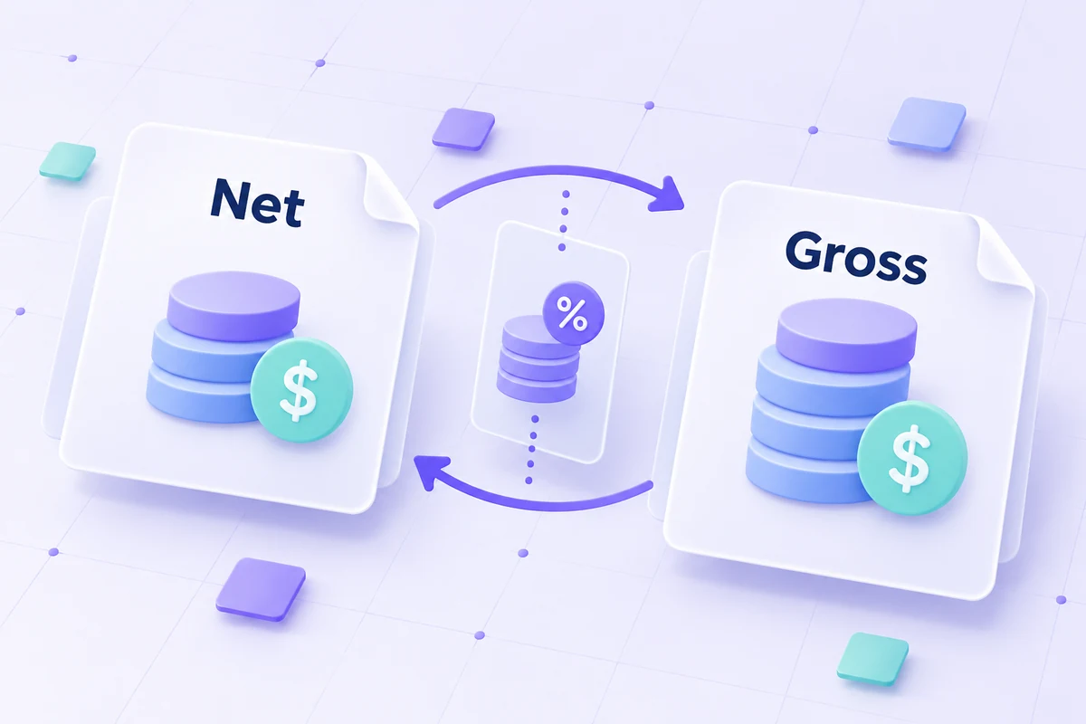 Conceptual reversible conversion between net and gross prices with a VAT component.