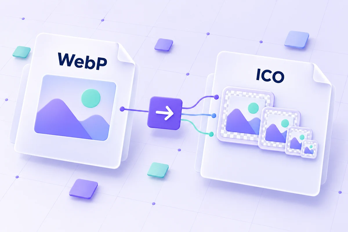 A WebP source image connected to square images inside an ICO container.