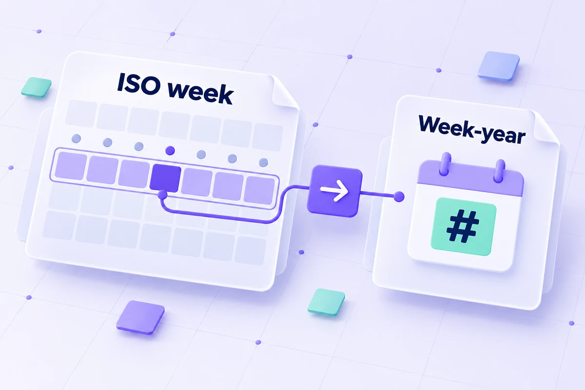 Conceptual ISO calendar week crossing a year boundary with its week-year shown separately.