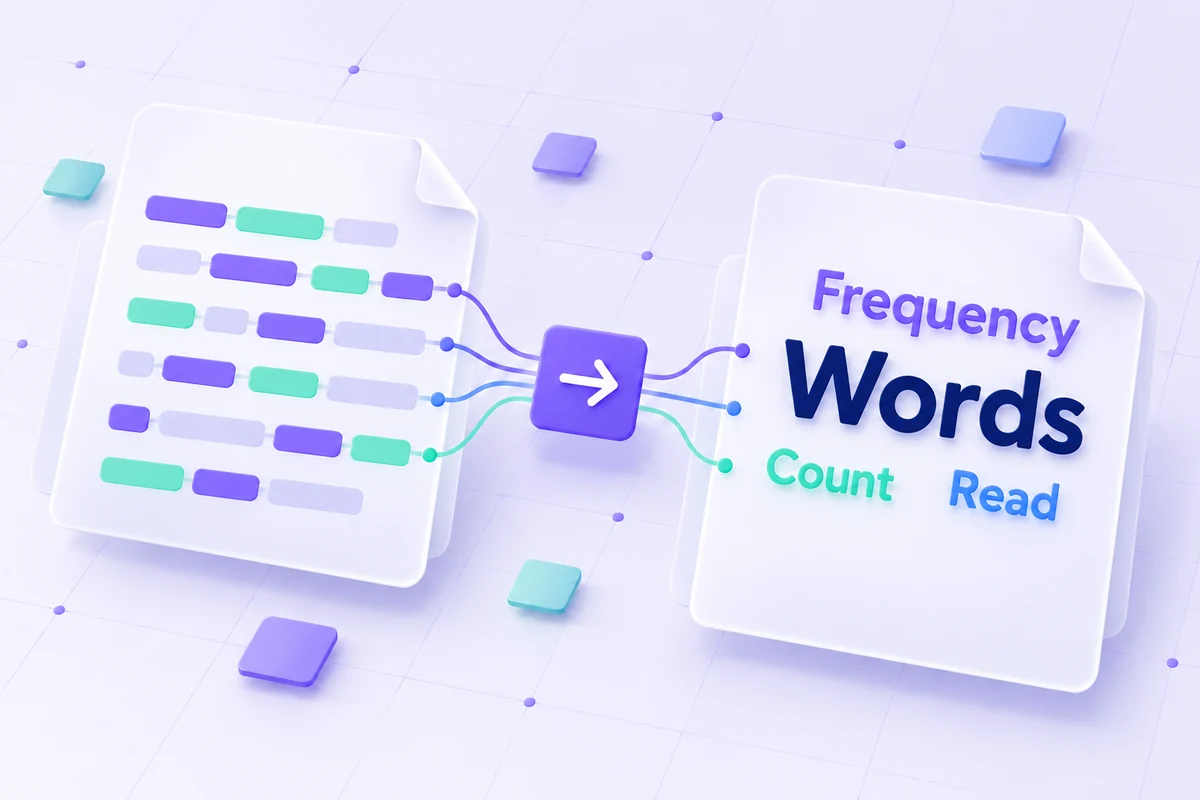 A text passage connected to words arranged at different frequency-based sizes.
