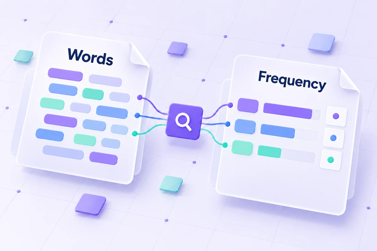 Conceptual illustration of repeated word tokens grouped into frequency counts.