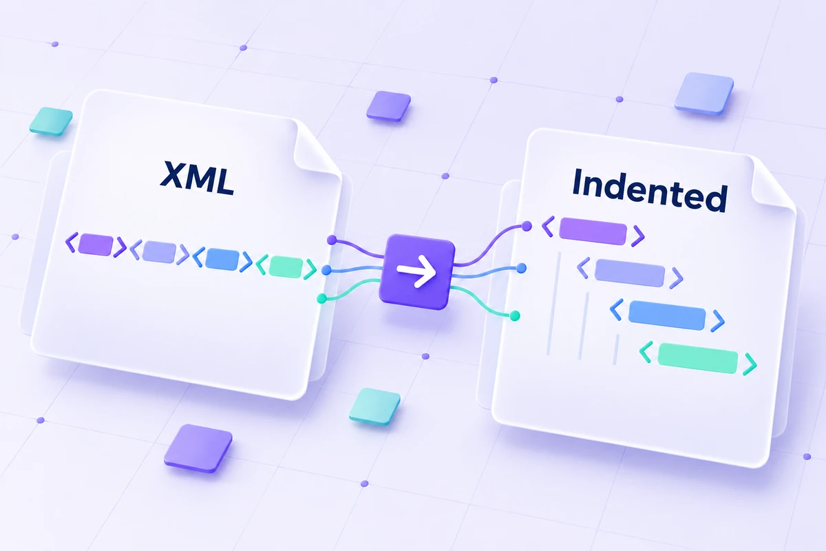 The same XML tag sequence shown compactly and with line breaks and indentation.