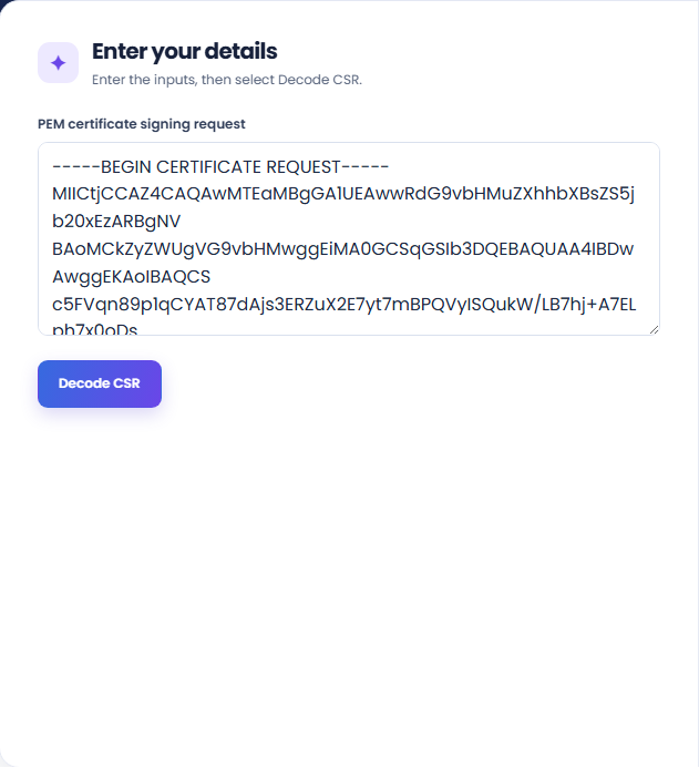 CSR Decoder native input panel with the actual PEM certificate signing request settings used for this example.