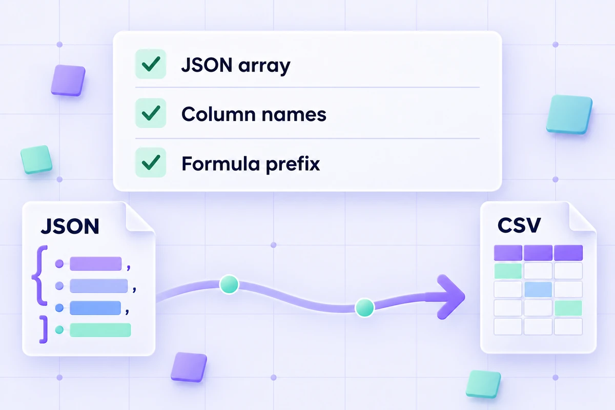 A checklist for JSON array shape, column names, and the formula prefix setting, above a JSON-to-CSV conversion arrow.