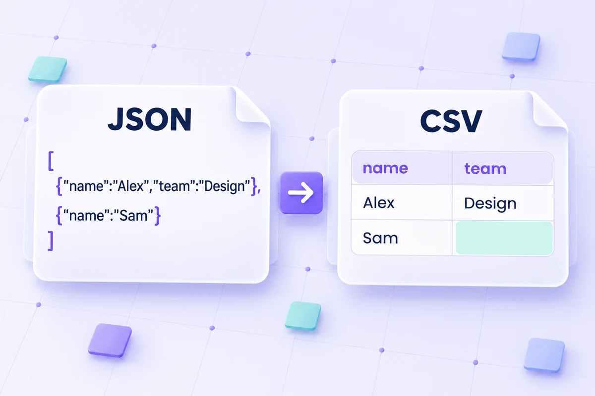 Alex and Sam become two CSV rows. Sam's team cell is empty because the second JSON record has no team field.