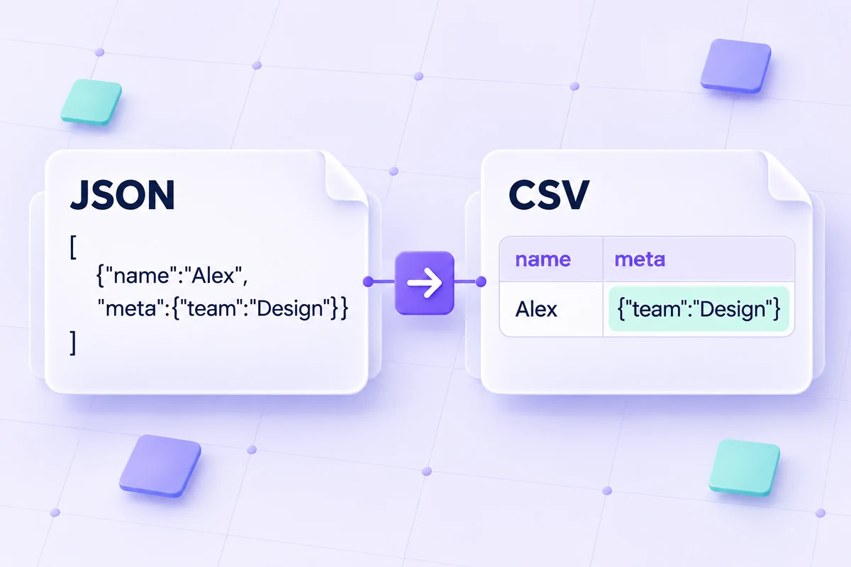A one-record JSON array becomes name and meta columns. The nested team object stays inside one meta cell as JSON text.