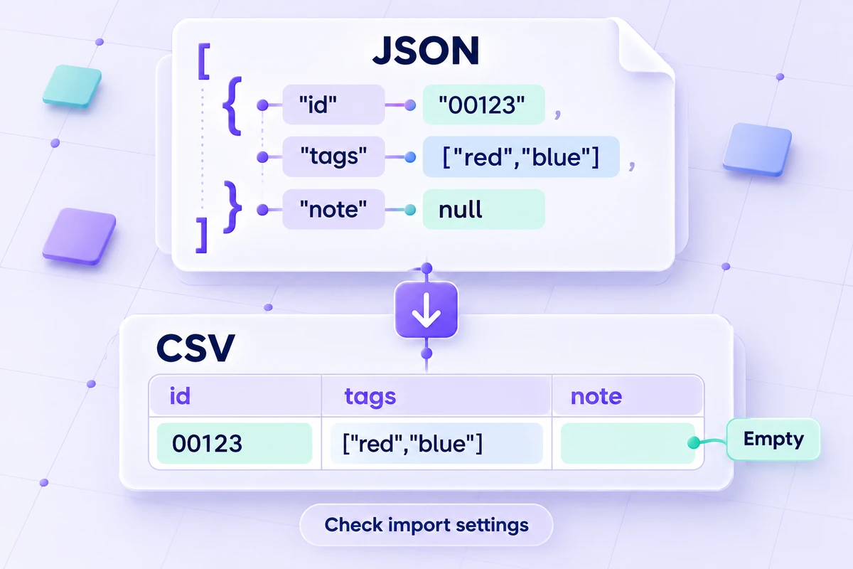 An object inside a JSON array becomes a CSV row: id is 00123, tags remain an array in one cell, and a null note becomes empty.
