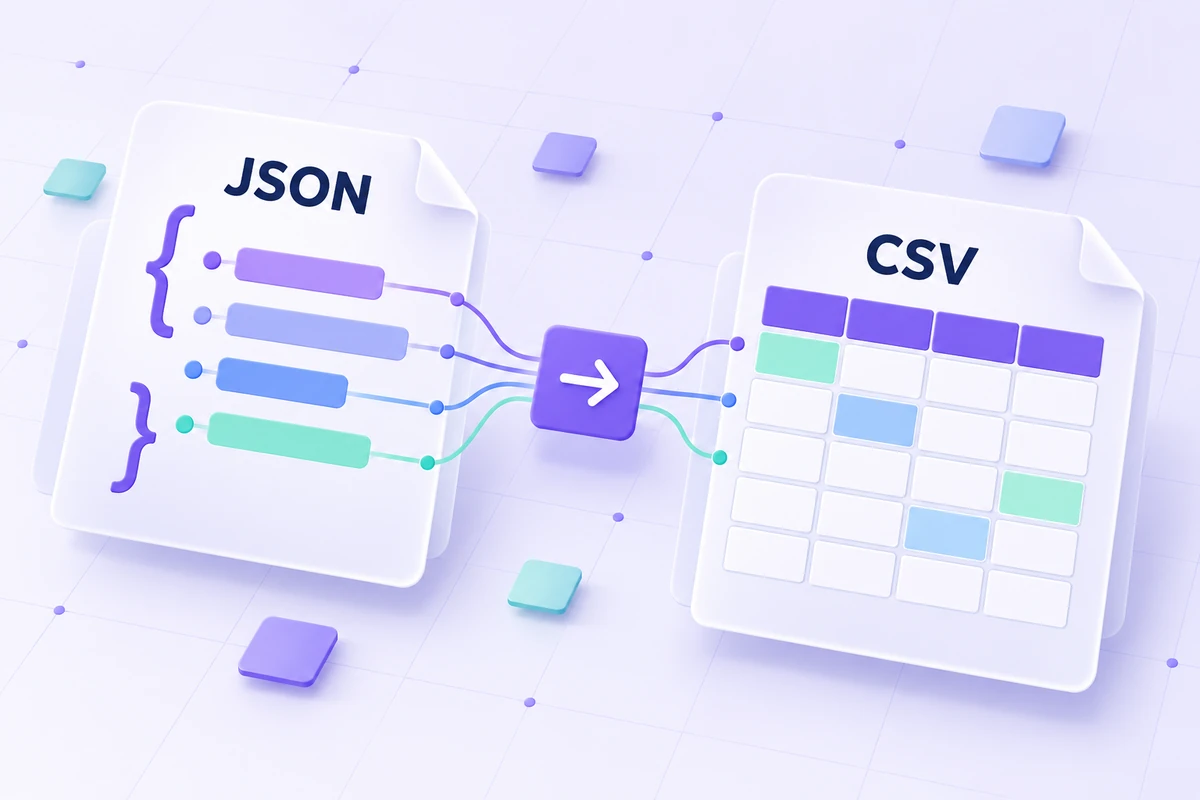 JSON records on the left connect to a CSV grid on the right, illustrating how object fields become table columns.