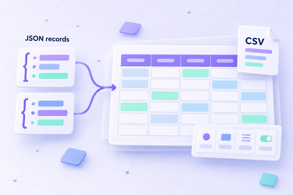 Structured JSON records connect to one CSV table, with combined fields and some empty cells for spreadsheet review.